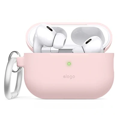 Abbildung von elago Silikonhülle Kompatibel mit Apple AirPods Pro 2. Generation Case, Schutzhülle Schlüsselanhänger, Sichtbare Front LED, Unterstützt Drahtloses Aufladen