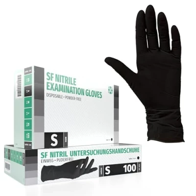 Abbildung von SF Nitrilhandschuhe S Schwarz 100 Stück Einweghandschuhe, Einmalhandschuhe, Puderfrei, Latexfrei, Gummihandschuhe Einweg zum Kochen, Putzen, für Medizin, Küche, Garten, Werkstatt, Tattoo, Haushalt