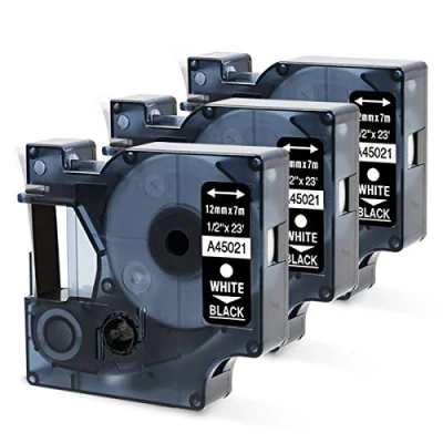 Abbildung von Oozmas Schriftband kompatibel mit Dymo D1 Weiß auf Schwarz 45021 12mm x 7m, Etikettenband LabelManager LM160 LM210D LM260P LM280 LM360D LM420P, 3er Pack