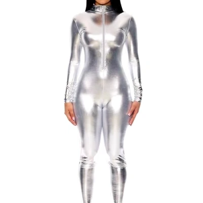 Abbildung von Forplay Damen Metallic Catsuit Bodysuit Glänzend Einteiler Jumpsuit, silber, Large X