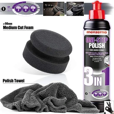Abbildung von detailmate Handpolitur Auto Set Menzerna Medium Cut Politur One Step Polish 3 in 1, 250ml + Made Germany Polierschwamm ultraflausch Mikrofaser Poliertuch 550GSM 1 Schutzhandschuh