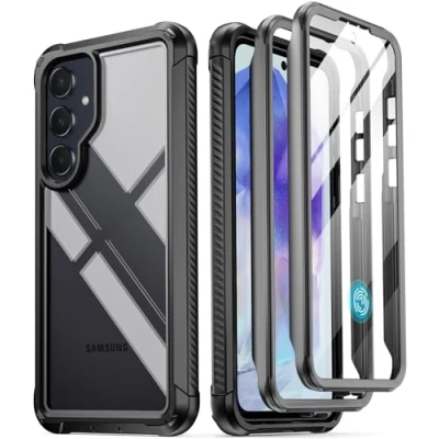 Abbildung von POETIC Guardian Hülle Kompatibel mit Galaxy A55 5G 2024, integrierter Displayschutz [funktioniert Fingerabdruck ID], Ganzkörper stoßfeste, robuste, durchsichtige Schutzhülle, Schwarz/Klar
