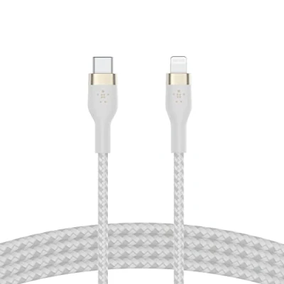 Abbildung von Belkin BoostCharge Pro Flex geflochtenes USB C/Lightning Kabel, 1 m, MFi zertifiziert, 20 W, zum Schnellladen mit PD Power Delivery für Geräte wie iPhone 14/14 Plus, 13, 12, Pro, Max, mini Weiß