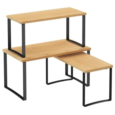 Abbildung von SONGMICS Organizer für Küchenschrank, Set mit 3 Brettern, stapelbar, erweiterbares Gewürzregal, Metall und Bambus, Schwarz Tinte Naturbeige KCS014B01