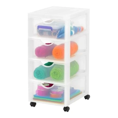 Abbildung von Iris Ohyama Kunststoff Schubladenbox mit Rollen, 4 flachen Schubladen, Mattweiß, Griffe zum Ziehen, Für Schlafzimmer, Schule &amp; Büro, BPA frei, Schubladenschrank, Rollcontainer, A4 Drawer, DDDC 004