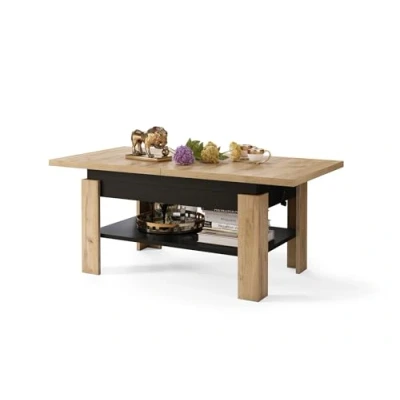 Abbildung von All4All Couchtisch Rino Kaffeetisch Wohnzimmertisch mit Ablage Sofatisch ausziehbar bis 170cm höhenverstellbar 130x65cm 05 Gold Craft Eiche + Schwarz