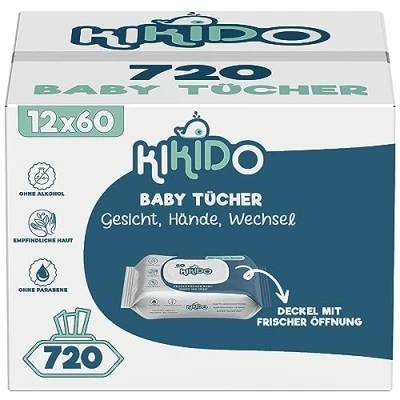 Abbildung von Kikido Feuchttücher Baby 720 Tücher, 12 Packungen Mit 60 Stück Feuchte Tücher Sanfte Formel für empfindliche Haut Frische Spar Deckel Alkoholfrei und seifenfrei Dermatologisch Getestet