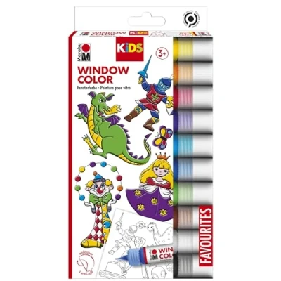 Abbildung von Marabu 0306000000100 Kids Window Color Set mit 10 x 25 ml Farbe und Malvorlage A4 18 Motiven, Fenstermalfarbe auf Wasserbasis, geeignet für Glas, Spiegel, Fliesen Folie