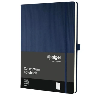 Abbildung von SIGEL CO646 Premium Notizbuch kariert, A4, Hardcover, 194 nummerierte Seiten, blau, nachhaltiges Papier, mit Inhaltsverzeichnis, Stiftschlaufe, Falttasche, Gummibandverschluss, Conceptum