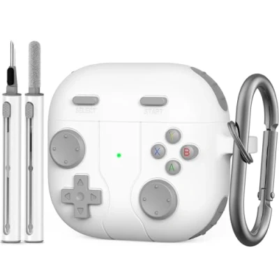 Abbildung von Hülle für Airpods 4 (2024) mit Karabiner &amp; Reiniger Kit, Klassisches Retro Handheld Spielkonsolen Design Hülle, Unterstützung Kabelloses Laden Weiß