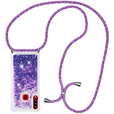 Abbildung von HongMan Handykette Hülle kompatibel mit Samsung Galaxy A20S Band zum Umhängen, Glitter Handyhülle Flüssig Treibsand, Stoßfest Silikon Transparent Kette,lila