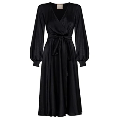 Abbildung von Swing Fashion Midikleid Damen Elegantes Kleid Festliches Partykleid Abendkleid Hochzeitskleider Abschlussballkleid Ballkleid V Ausschnitt Langarm Schwarz 36 (S)