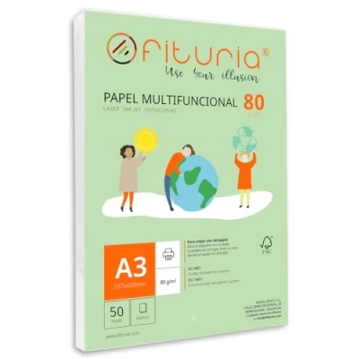 Abbildung von Packung mit 50 weißen DIN A3 Blättern, 80g Druckerpapier. Multifunktionales Kopierpapier für Schule und Büro. Ideal Laserdrucker, Tintenstrahldrucker oder Kopierer Ofituria