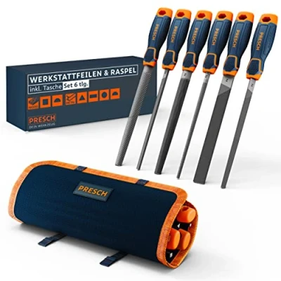 Abbildung von Presch Feilenset Metall und Holz 6tlg. inkl Rolltasche Hochwertiges Profi Feilen Set mit Hieb 2 inkl. Halbrundraspel, Flachstumpffeile, Halbrundfeile, Rundfeile, Dreikantfeile Vierkantfeile