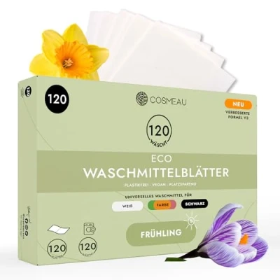 Abbildung von Cosmeau Waschmittel Blätter Frühlingsfrisch bis zu 120 Waschgänge (120 Blätter) Nachhaltiges für Weiß, Farbe und Schwarz Plastikfrei, Abbaubar &amp; Perfektes Reisewaschmittel