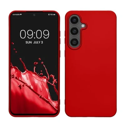 Abbildung von kwmobile Case kompatibel mit Samsung Galaxy S24 FE Hülle Schutzhülle aus Silikon metallisch schimmernd Handyhülle Metallic Dunkelrot