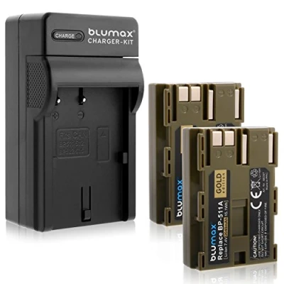 Abbildung von 2X Blumax Gold Edition BP 511 / 511A 2040mAh + Ladegerät passend zu Canon EOS 5D/ 10D/ 20D/ 300D/ 30D/ 40D/ 50D UVM