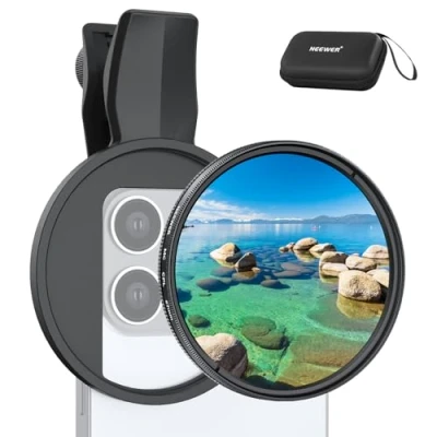 Abbildung von NEEWER 67mm Clip On CPL Filter, Polfilter kompatibel mit iPhone, Zirkular Polarisationsfilter Handy Kamera Objektiv Foto Zubehör Set, iPhone 16 15 Pro Max Plus 16e 14 13 mini 12, FL B23