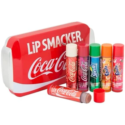 Abbildung von Lip Smacker Coca Cola Tin Collection Lippenbalsam Set für Kinder verschiedene Geschmacksorten aus der Welt ikonische Dose zum Sammeln süßes Geschenk 6 teiliges