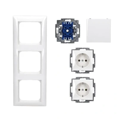 Abbildung von Busch Jaeger Balance SI Set: 2x 20 EUC 914 Steckdose + 2000/6 US Wippschalter Einsatz 2506 Wippe 1723 3 fach Rahmen Alpinweiß