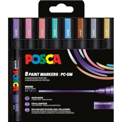 Abbildung von POSCA Uni Ball 182557 Marker Set, 8 Acrylstifte Metallic PC 5M, Permanent 1,8 2,5 mm Rundspitze