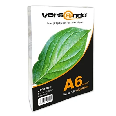 Abbildung von versando 20.000 Blatt Papier DIN A6 HighWhite 80 Druckerpapier Universalpapier Kopierpapier Rezeptpapier hochweiß (105 x 148 mm) 2 Karton