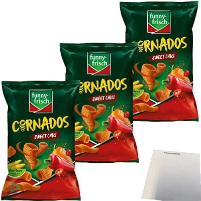 Abbildung von Funny Frisch Cornados Sweet Chili knuspriger Mais Snack 3er Pack (3x80g Tüte) + usy Block