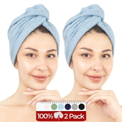 Abbildung von Hammetex 100% Baumwolle Haartücher Damen, 2 Stück Flaumig Schnell Saugfähig Schnelltrocknendes Haarturban Haarhandtücher mit Knopf, Hellblau