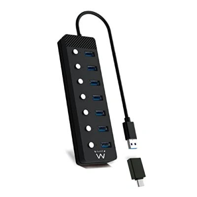Abbildung von Ewent EW1147 Hub USB 3.2 Gen1, Concentrador USB, Splitter, 7 Puertos con interruptores Encendido/Apagado Individuales y Indicadores LED, Cable de 1,2m, Alimentación Adaptador 5V/3A, Negro