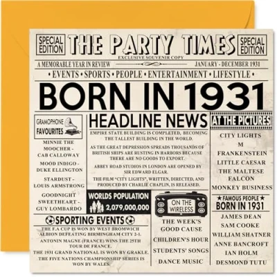 Abbildung von Geburtstagskarte zum 93. Geburtstag für Männer und Frauen Born in 1931 Zeitung Happy 93 Großvater, Oma, Vintage, Retro, Back 1931, 145 mm x mm,