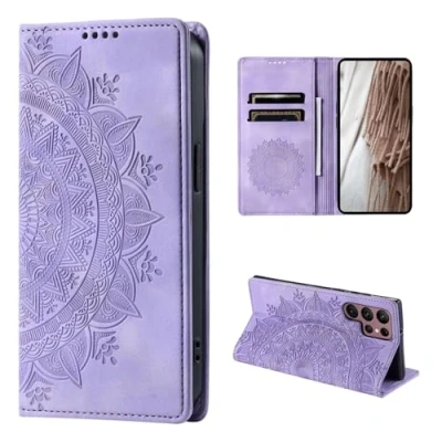 Abbildung von CoverKingz Handyhülle für Samsung Galaxy S24 Ultra Handytasche mit Kartenfach Klapp Etui Cover Handy Hülle klappbar Motiv Mandala Lila
