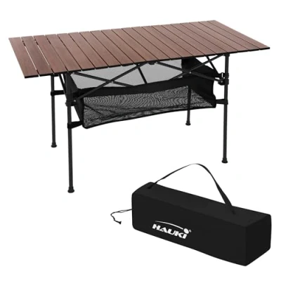 Abbildung von Hauki Campingtisch Klapptisch faltbar aus Aluminium inkl. Tragetasche, Gartentisch 118x55x64,5 cm Braun, Aufrollbare Tischplatte, Falttisch