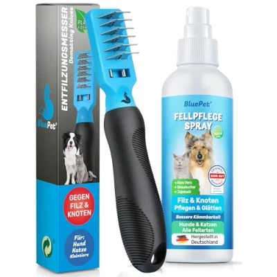 Abbildung von BluePet Entfilzungsspray + Entfilzungskamm für Hunde &amp; Katzen I Entfernt Verfilzungen Knoten Entfilzungsharke Katze, Entferner Hund