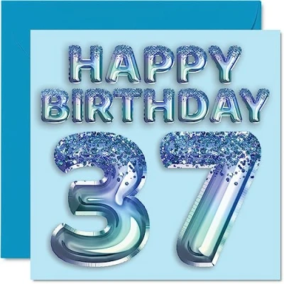 Abbildung von Stuff4 Geburtstagskarte zum 37. Geburtstag für Männer Blauer Glitzer Partyballon Happy Birthday Karten 37 Jahre alten Mann, Bruder, Freund, Onkel, Vater, 145 mm x
