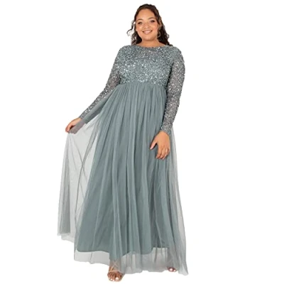 Abbildung von Maya Deluxe Damen Marineblauw korte mouwen gestreept Bridesmaid maxi jurk Formales Kleid, Misty Green, 56 EU