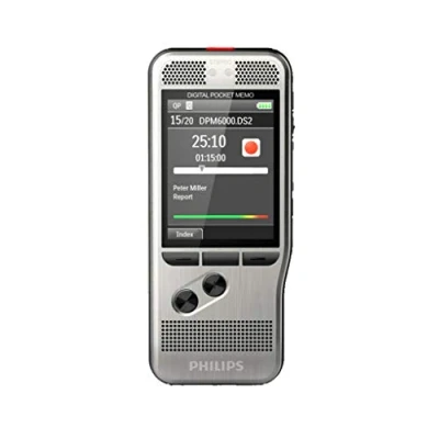 Abbildung von Philips Pocket Memo Digitales Diktiergerät DPM7000 Schiebeschalter Bedienung, 2 Mikrofone für Stereo Tonaufnahmen, Farbdisplay, Edelstahlgehäuse, inkl. Diktiersoftware SpeechExec Basic Jahres ABO