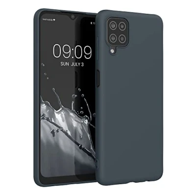 Abbildung von kwmobile Hülle kompatibel mit Samsung Galaxy A12 weiches TPU Silikon Case Cover geeignet für kabelloses Laden Heidelbeerblau