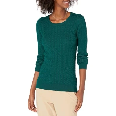 Abbildung von Amazon Essentials Damen Leichter Langarm Pullover Mit Rundhalsausschnitt Zopfmuster (Erhältlich In Übergröße), Dunkelgrün, M