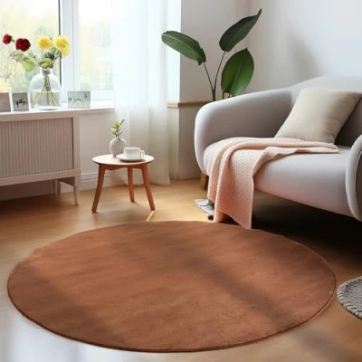 Abbildung von HomebyHome Kurzflor Teppich Wohnzimmer 160 cm Rund Braun Waschbarer für Schlafzimmer, Esszimmer und Ideal als Küchenteppich Flauschiger Extra Weich, Einfarbig, rutschfest, Modern