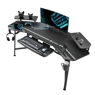 Abbildung von EUREKA ERGONOMIC Gaming Tisch mit LED 182x76cm Groß Schreibtisch in Flügelform PC Computertisch Tastaturablage,2 Monitorständer,Kopfhörerhaken für Home Office Studio Live Streaming