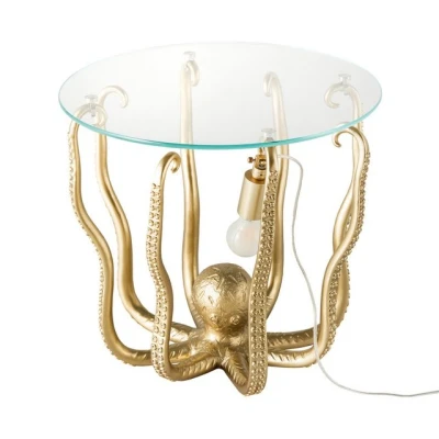 Abbildung von riess ambiente Beistelltisch WILDLIFE OCTOPUS 50cm gold / transparent · Wohnzimmertisch mit Licht (Einzelartikel, 1 St), Glas Tischplatte rund Kraken Skulptur maritimes Design