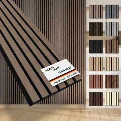 Abbildung von HEXIM Lamellen Grande 280cm Akustikpanelee XXL Wandpaneele 21mm Schalldämmung Echtholzfurnier Akustikfilz Lamellenwand Braun (1 Musterstück/American Walnut)