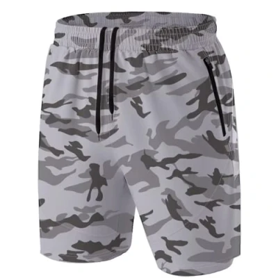 Abbildung von Herren Sport Shorts Kurze Hose Schnell Trocknend Sporthose Leicht mit Reißverschlusstasche(Camo Hellgrau,EU 4XL/US 3XL)