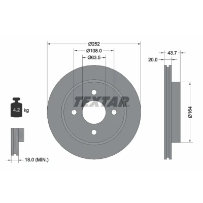 Abbildung von TEXTAR PRO 92063603 Bremsscheibe 252 20 04/04 108 innenbelüftet beschichtet ohne Radbefestigungsbolzen, Radnabe FORD: MONDEO 2, 2 Kombi