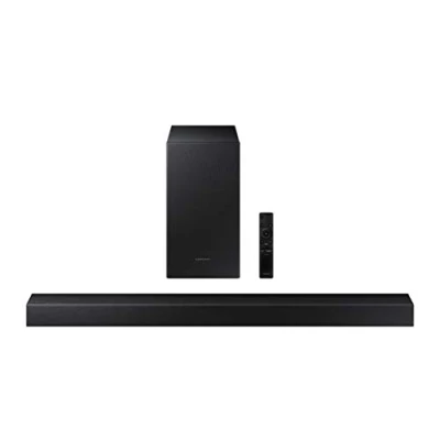Abbildung von Samsung HW T420 Soundbar, 150 W, 2,1 Ch, kabelgebundener Subwoofer, Dolby Digital 2.1, Bluetooth 4.2 Power On, Game Mode und One Remote Control, Schwarz
