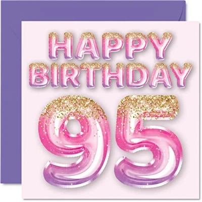 Abbildung von Stuff4 Geburtstagskarte zum 95. Geburtstag für Frauen rosa und lila Glitzerballons Happy Karten 95 Jahre alte Frau Mama Great Nanny Grandma Gran, 145 mm x Grußkarten Geschenk