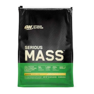 Abbildung von Optimum Nutrition Serious Mass hochkalorisches Proteinpulver für Masseaufbau mit 25 Vitaminen und Mineralien, Kreatinmonohydrat Glutamin, Bananengeschmack, 16 Portionen, 5,45 kg