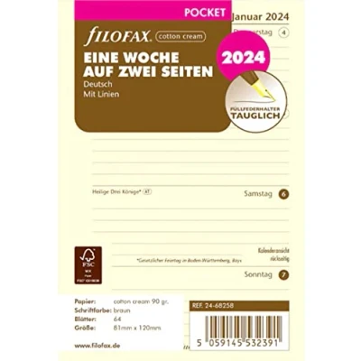 Abbildung von FILOFAX Kalendereinlage Pocket 1 Woche auf 2 Seiten cotton creme (Deutsch)2024