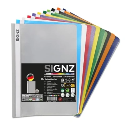 Abbildung von SIGNZ Schnellhefter DIN A4, stabil, 11 Stück, Farben, transparenter Deckel, CO2 neutral hergestellt, aus recycelbarem Kunststoff (PP), FSC Mix 70%, made in Germany