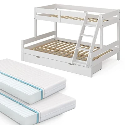 Abbildung von VitaliSpa Etagenbett Everest, Weiß, 140x200 / 90x200 cm mit 2 Matratzen und Schubkästen